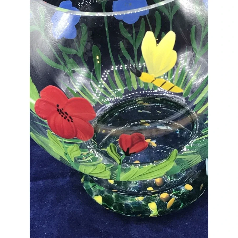 Romania Crystal Art Glass Vase Hand Painted Flowers‎ BEE & BUTTERFLY